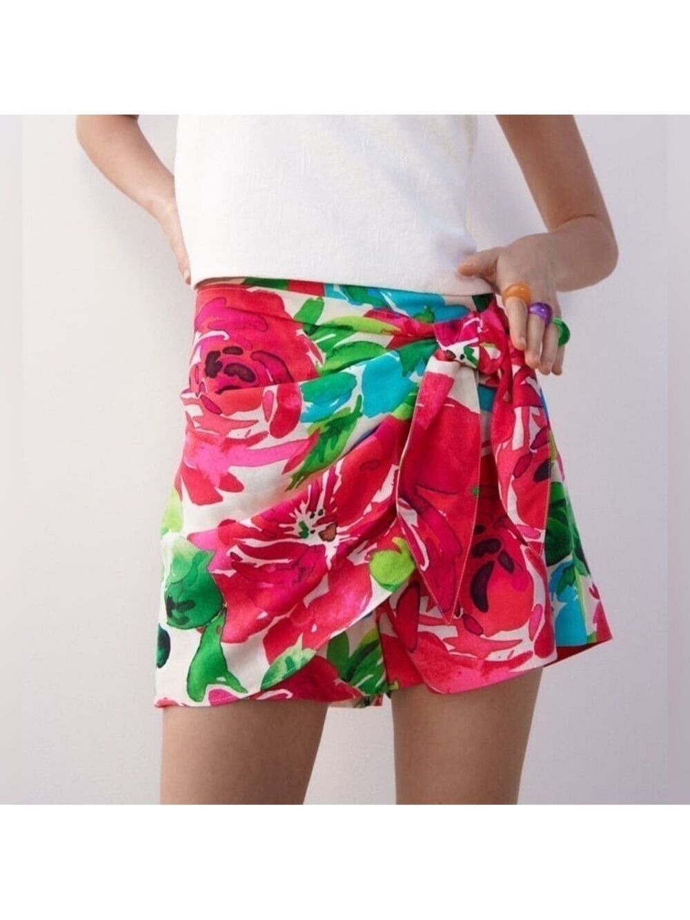 Zara Linen Blend Bright Floral Print Tie Waist Skort 3735/247